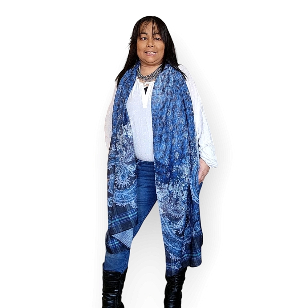 SHAWL SCARF BLUE FLORAL AND PLAID WOMENS